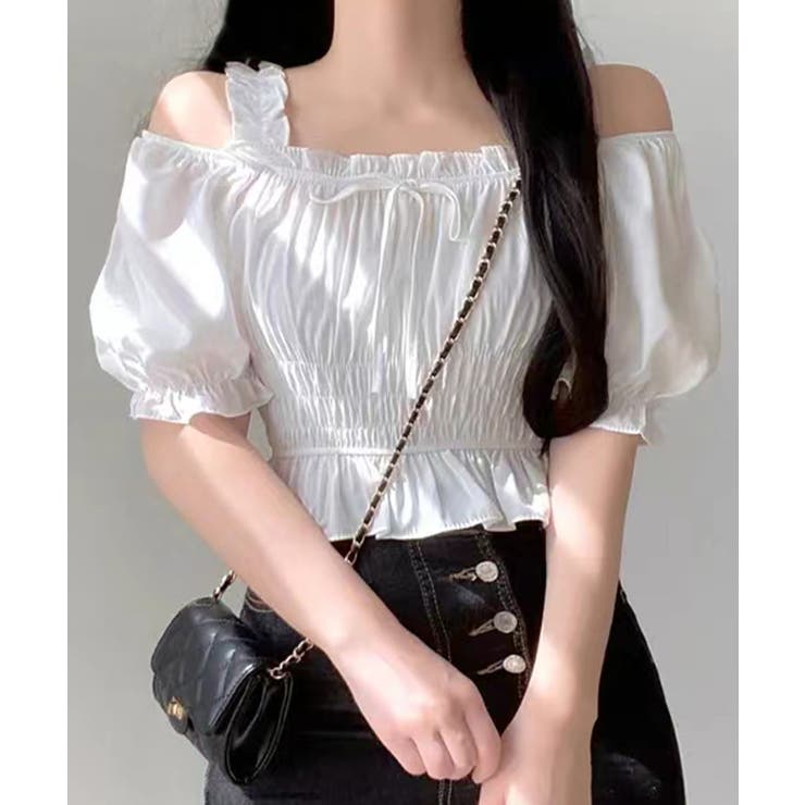 オフショルダーシャーリングトップス フリル パフスリーブ | Riff | 詳細画像20