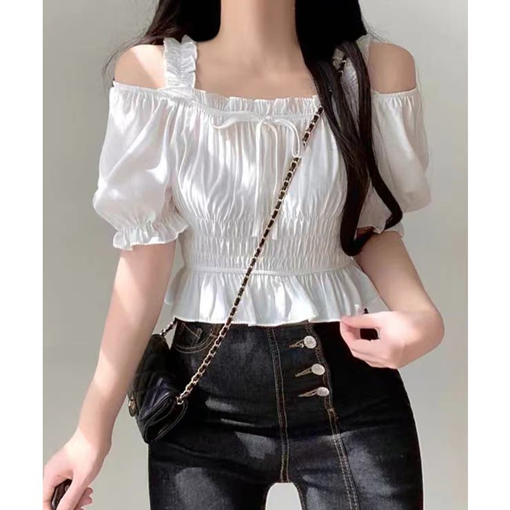 オフショルダーシャーリングトップス フリル パフスリーブ | Riff | 詳細画像21