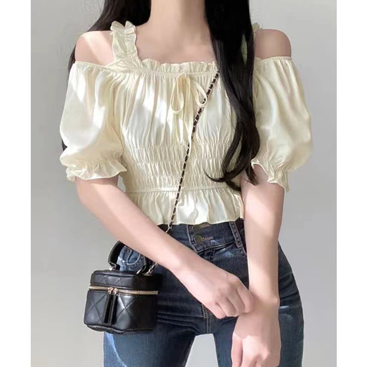 オフショルダーシャーリングトップス フリル パフスリーブ | Riff | 詳細画像3