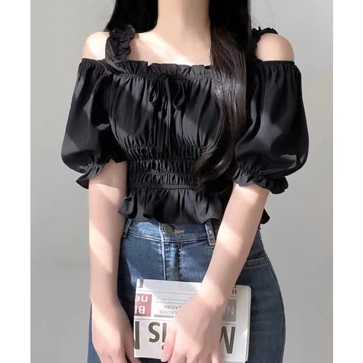 オフショルダーシャーリングトップス フリル パフスリーブ | Riff | 詳細画像7