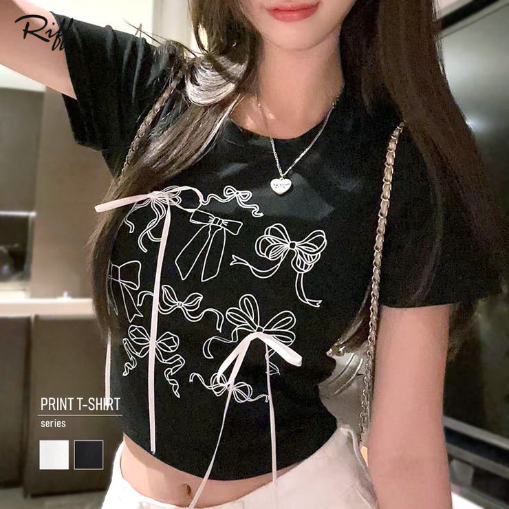 リボンデザインクロップド丈Tシャツ プリントT ショート丈[品番 