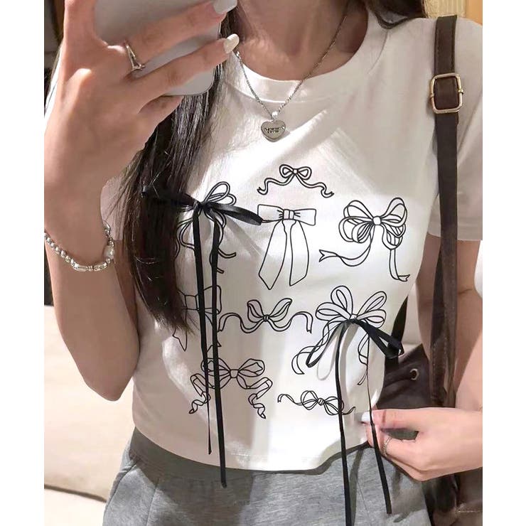 リボンデザインクロップド丈Tシャツ プリントT ショート丈[品番