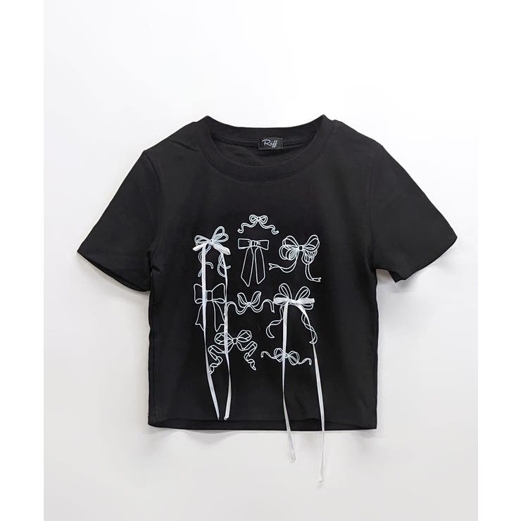 リボンデザインクロップド丈Tシャツ プリントT ショート丈[品番 