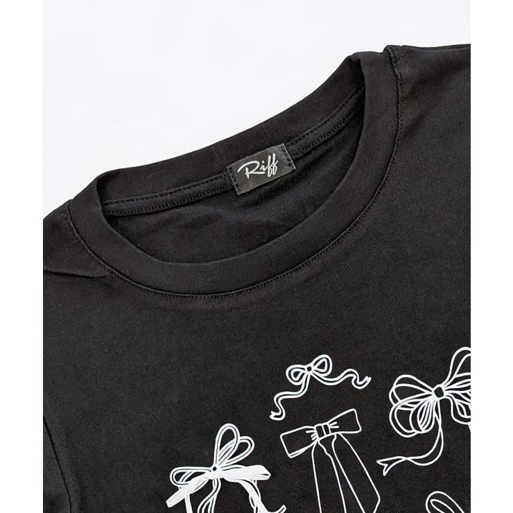 リボンデザインクロップド丈Tシャツ プリントT ショート丈[品番