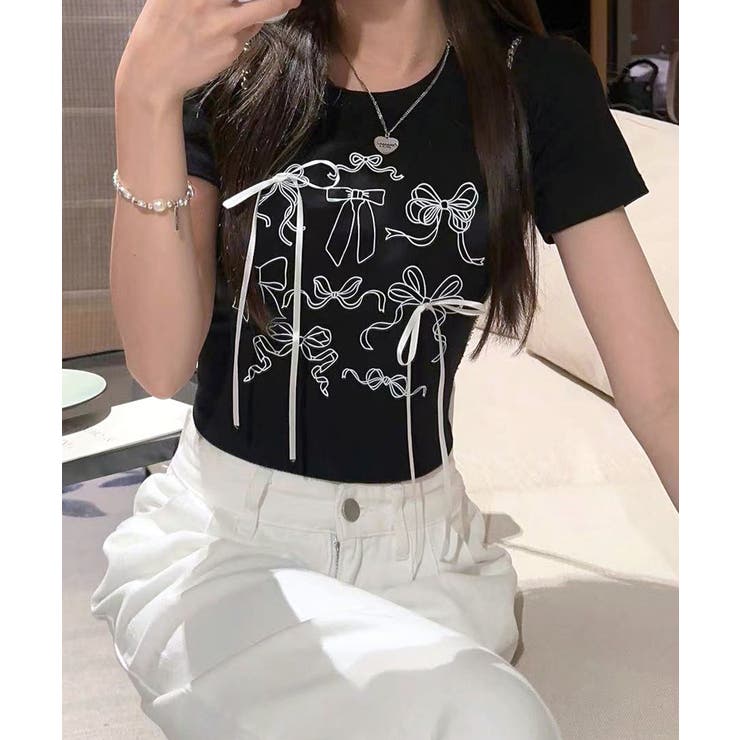リボンデザインクロップド丈Tシャツ プリントT ショート丈[品番