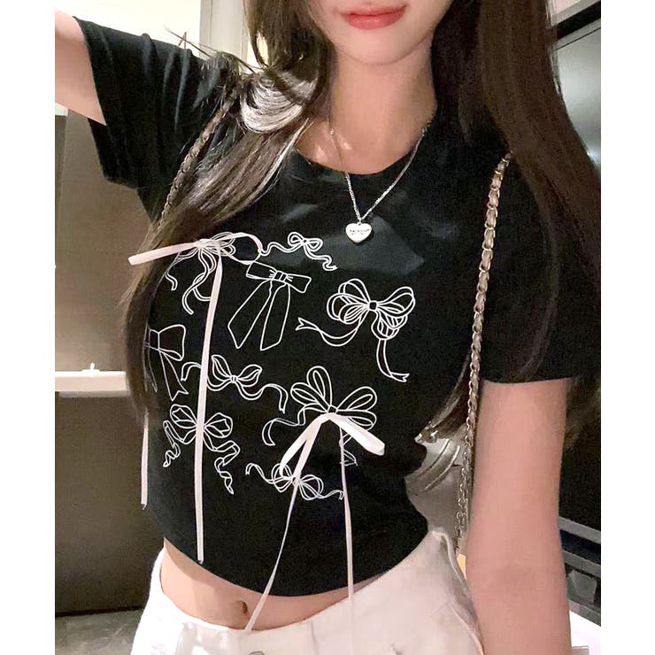 リボンデザインクロップド丈Tシャツ プリントT ショート丈[品番 