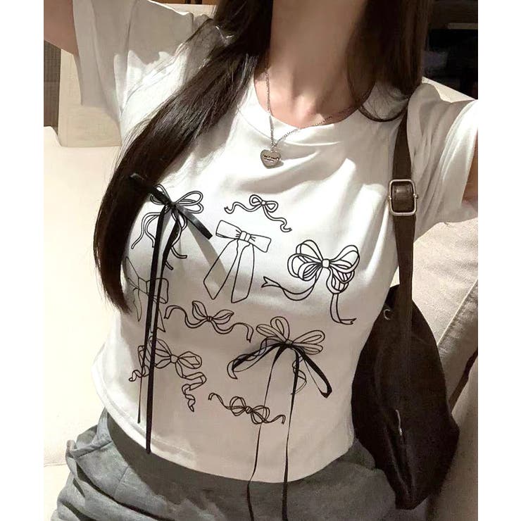 tシャツ クロップドリボンTシャツ レディース レディース 半袖リボンワッフルクロップドTシャツ（Tシャツ