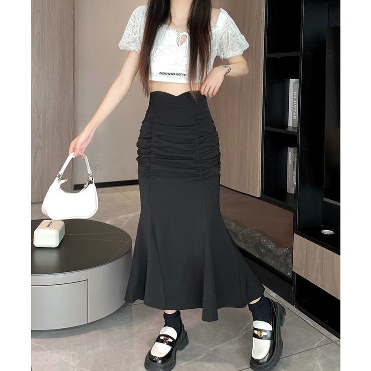 ギャザーロングマーメイドスカート 裾スリット ロングスカート[品番  