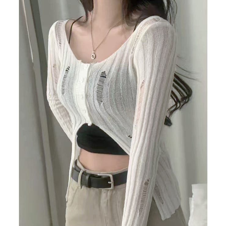 前ボタンダメージニット カーディガン ニットカーデ | Riff | 詳細画像12 