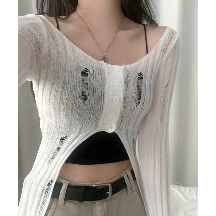 前ボタンダメージニット カーディガン ニットカーデ | Riff | 詳細画像14 