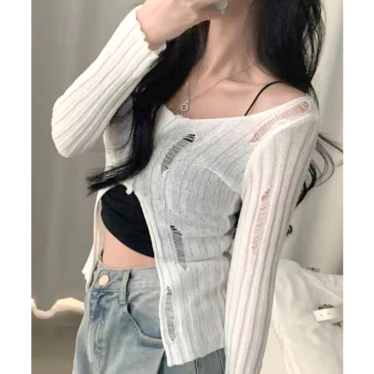 前ボタンダメージニット カーディガン ニットカーデ | Riff | 詳細画像15 