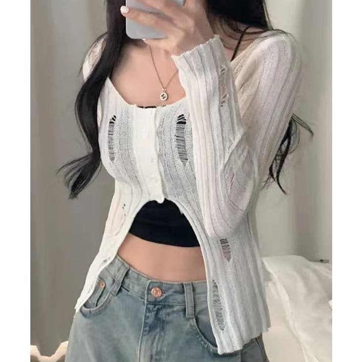 前ボタンダメージニット カーディガン ニットカーデ | Riff | 詳細画像16 