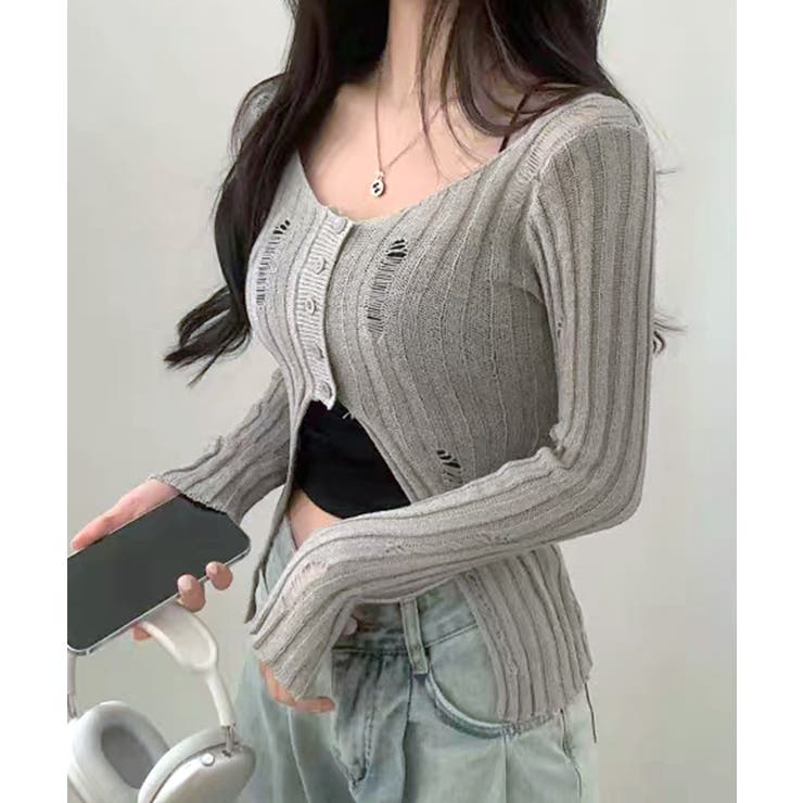 前ボタンダメージニット カーディガン ニットカーデ | Riff | 詳細画像2 