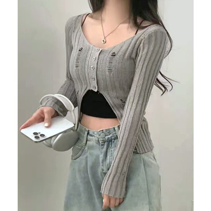 前ボタンダメージニット カーディガン ニットカーデ | Riff | 詳細画像3 