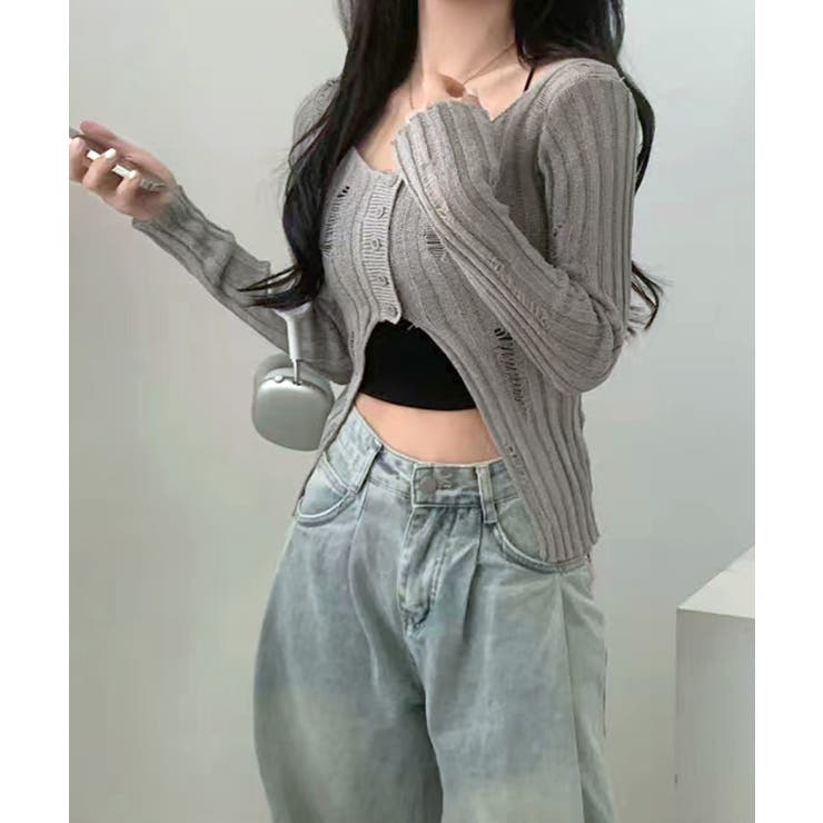 前ボタンダメージニット カーディガン ニットカーデ | Riff | 詳細画像4 