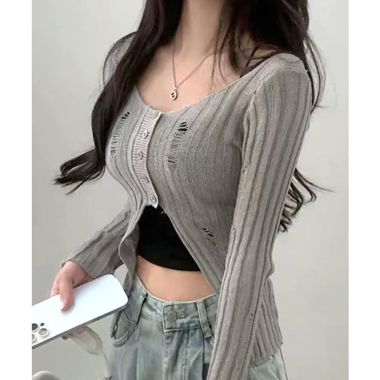 グレー | 前ボタンダメージニット カーディガン ニットカーデ | Riff
