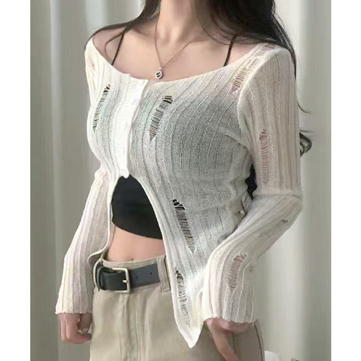 アイボリー | 前ボタンダメージニット カーディガン ニットカーデ | Riff