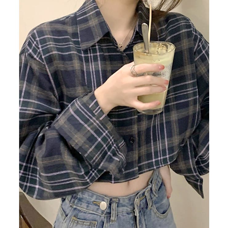チェック柄ショート丈シャツ クロップド丈 ゆるシャツ[品番 チェック柄ショート丈シャツ クロップド丈 ゆるシャツ[品番