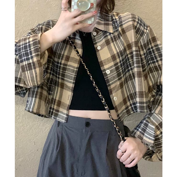 チェック柄ショート丈シャツ クロップド丈 ゆるシャツ[品番 チェック柄ショート丈シャツ クロップド丈 ゆるシャツ[品番