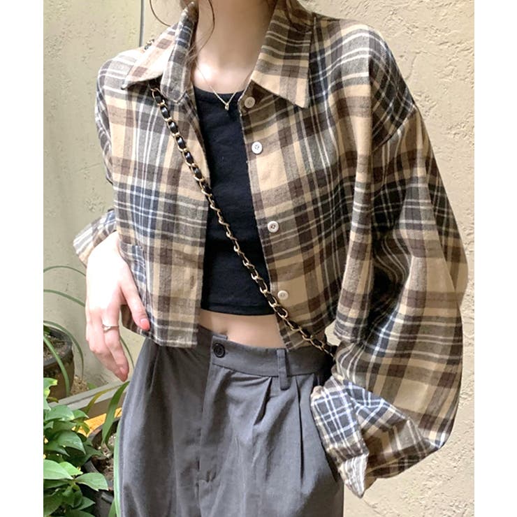 チェック柄ショート丈シャツ クロップド丈 ゆるシャツ[品番