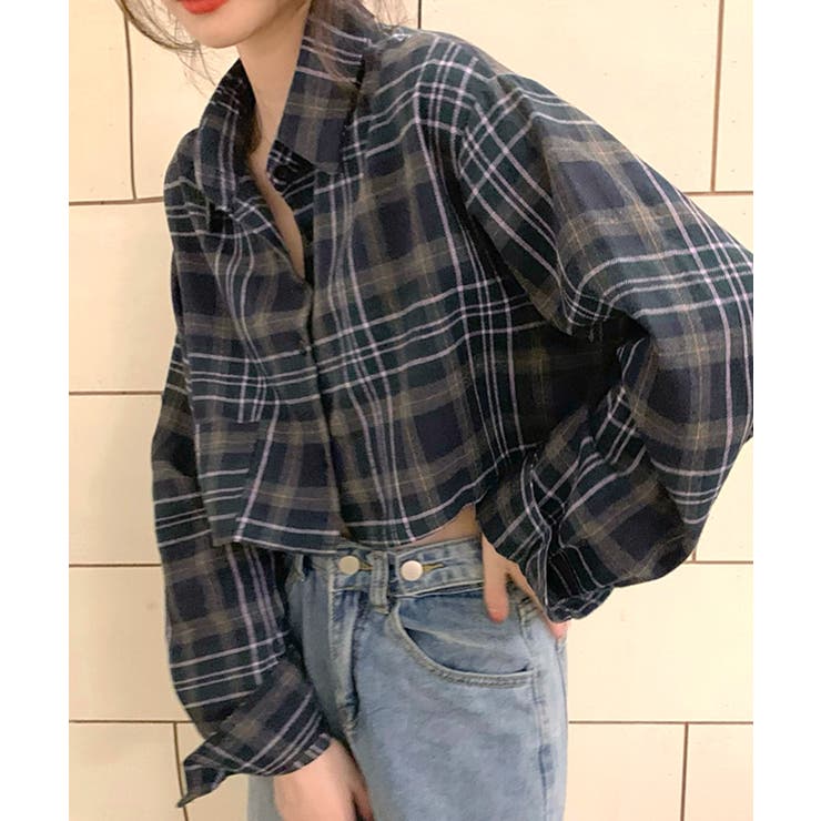 チェック柄ショート丈シャツ クロップド丈 ゆるシャツ[品番