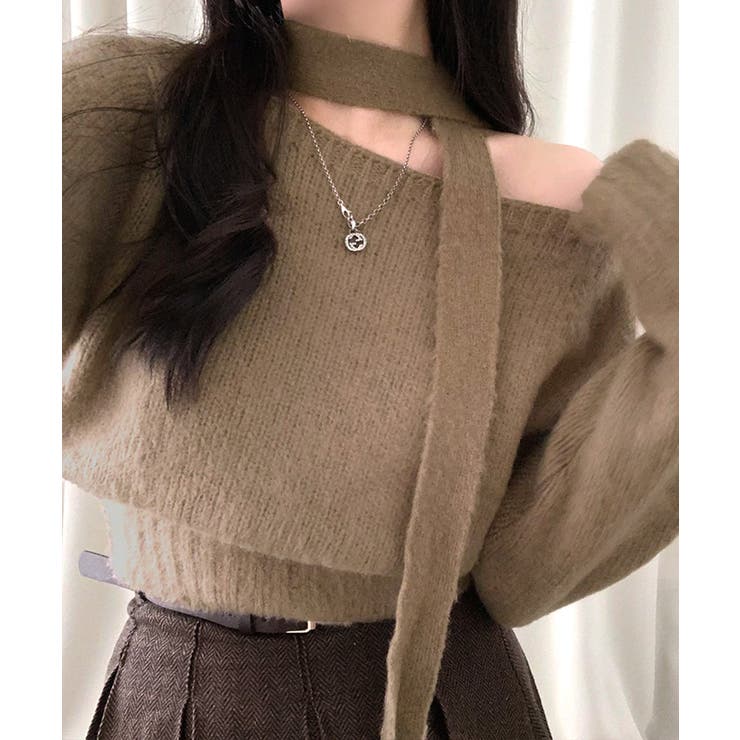 超美品 マフラー付きニット セーター ワンショルダー[品番：NETW0002040 トップス