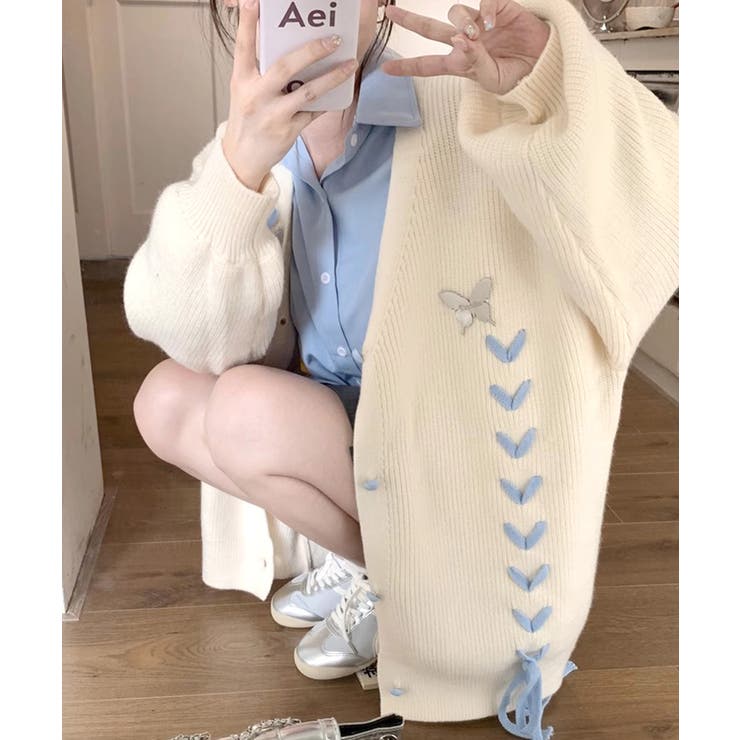 レースアップリボンカーディガン ニット セーター | Riff | 詳細画像4 