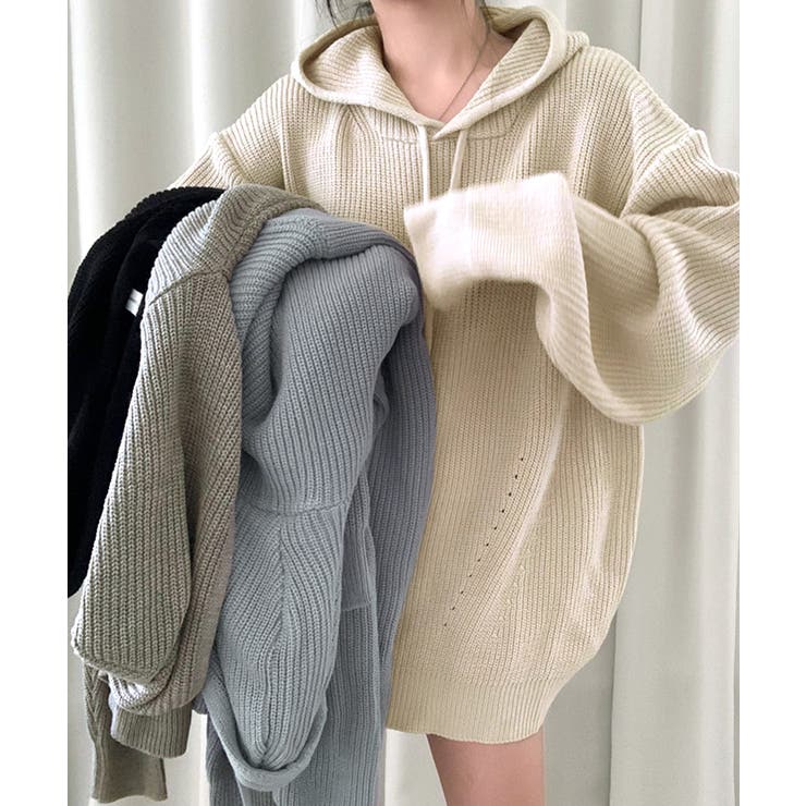 ベージュ | リブニットパーカー セーター フード | Riff