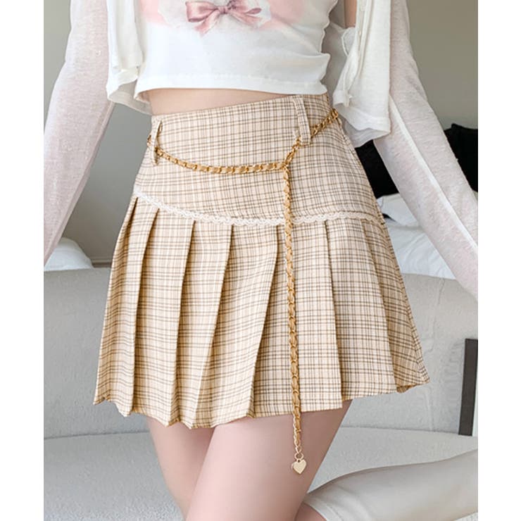 チェーン付きプリーツミニスカート インナーパンツ付き ショート丈