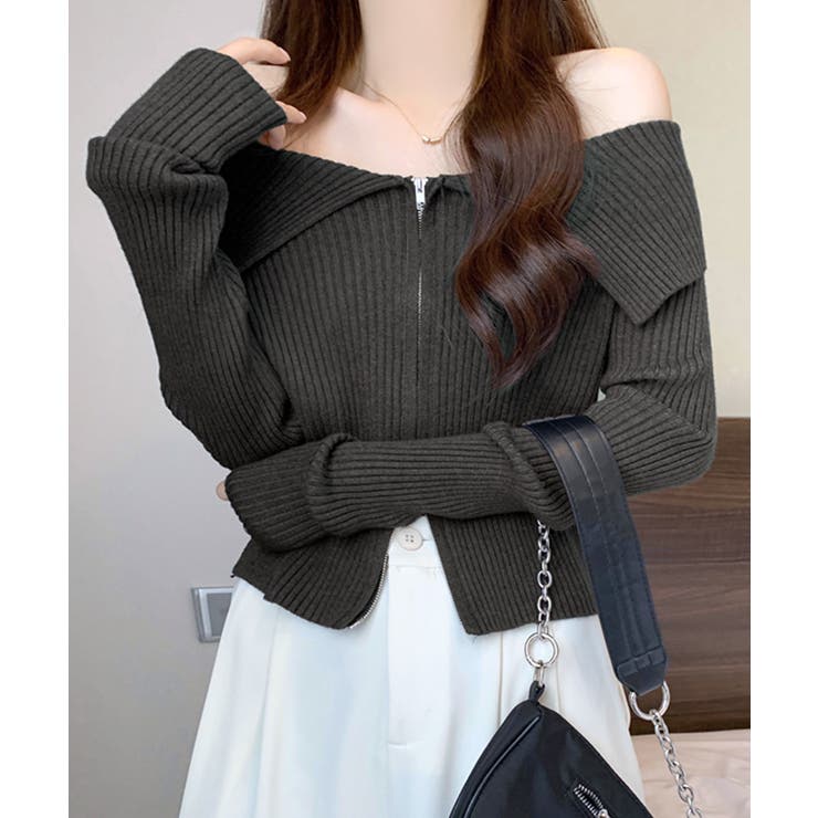 オフショルダブルジップリブニット リブ編み セーター | Riff | 詳細画像14 