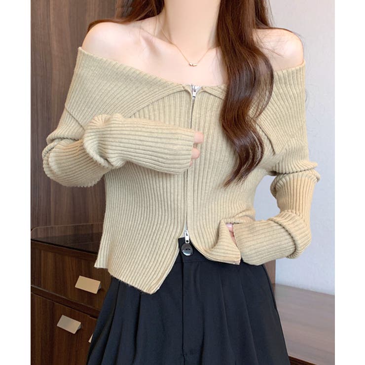ベージュ | オフショルダブルジップリブニット リブ編み セーター | Riff