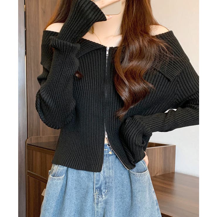 ブラック | オフショルダブルジップリブニット リブ編み セーター | Riff