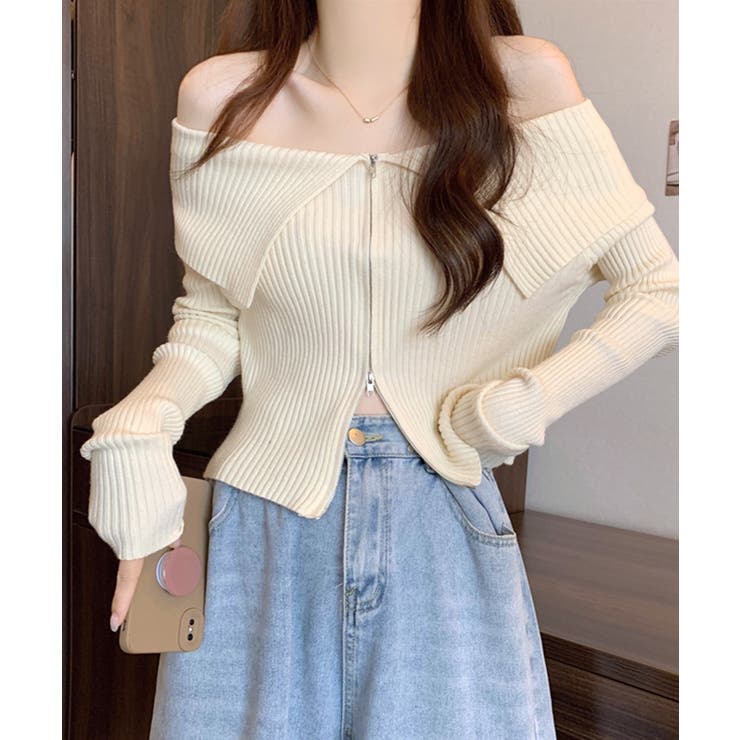 アイボリー | オフショルダブルジップリブニット リブ編み セーター | Riff