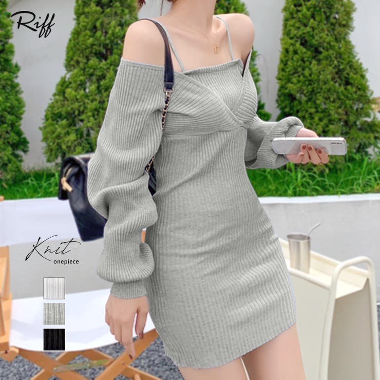 アンサンブル風リブニットワンピース バックリボン カシュクールワンピース | Riff | 詳細画像1 