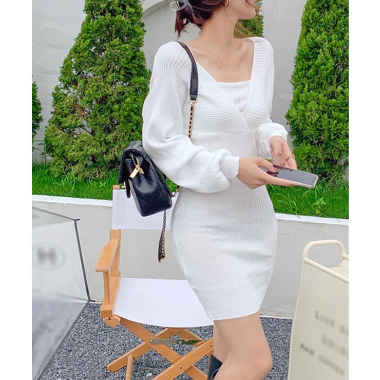 アンサンブル風リブニットワンピース バックリボン カシュクールワンピース | Riff | 詳細画像4 