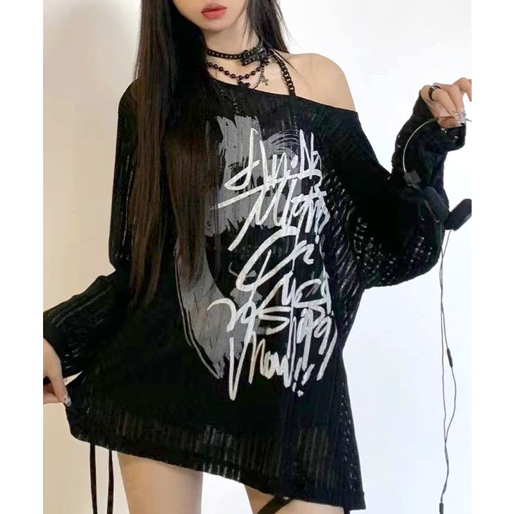 透かし編みロゴプリントTシャツ ロンT シアー[品番：NETW0002089