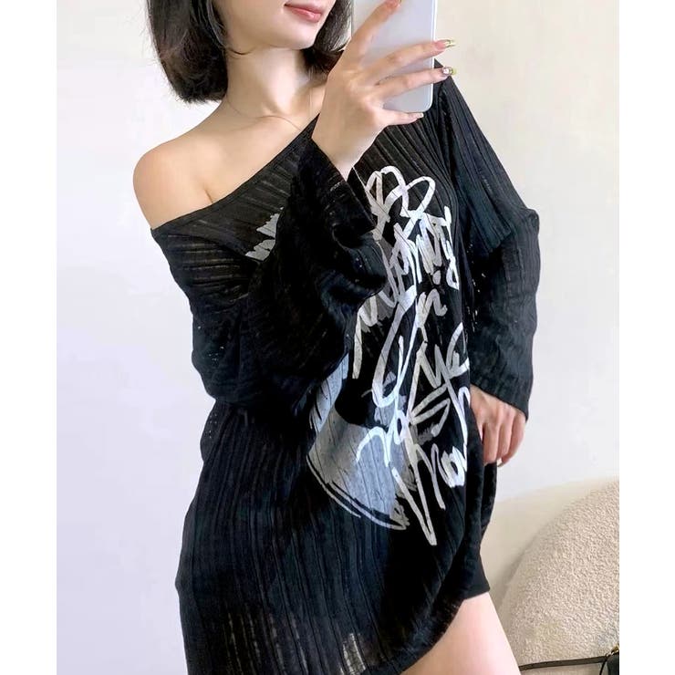 透かし編みロゴプリントTシャツ ロンT シアー | Riff | 詳細画像12 