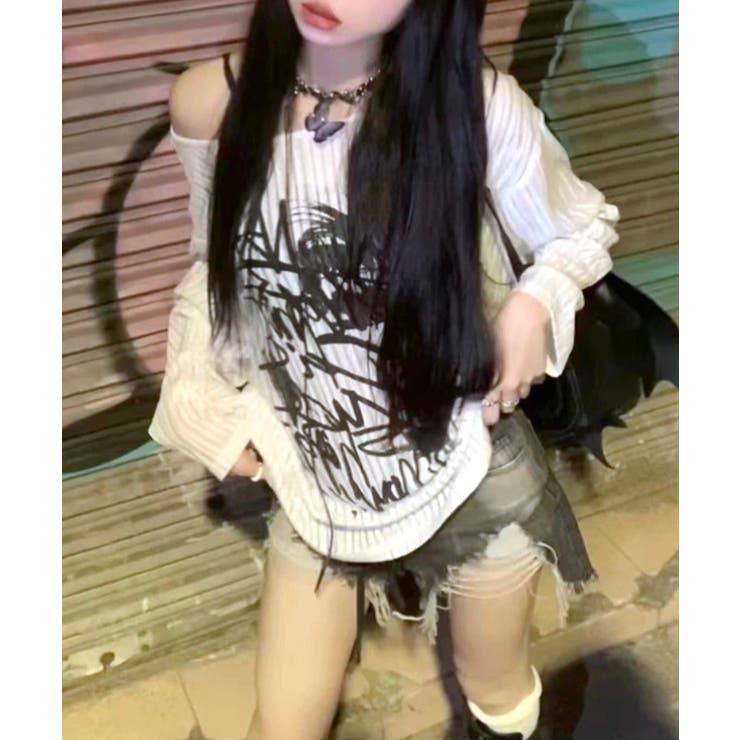 透かし編みロゴプリントTシャツ ロンT シアー | Riff | 詳細画像2 