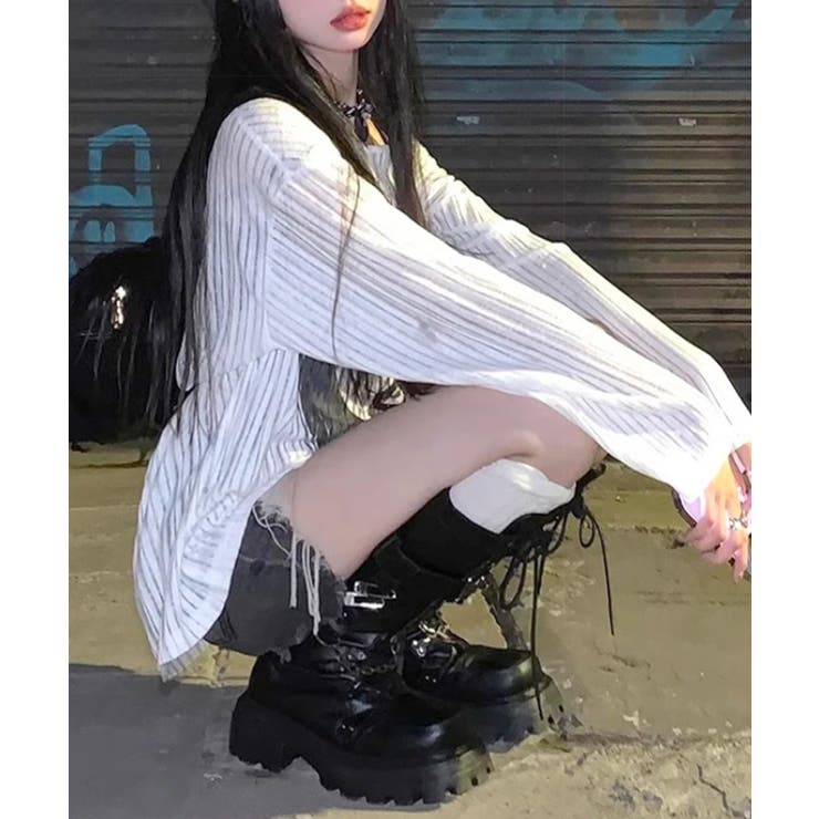 透かし編みロゴプリントTシャツ ロンT シアー | Riff | 詳細画像3 