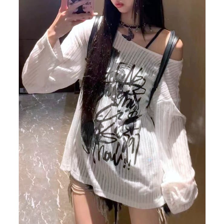 透かし編みロゴプリントTシャツ ロンT シアー | Riff | 詳細画像5 