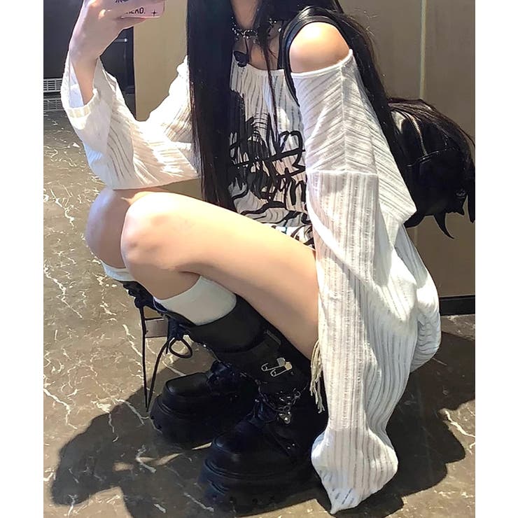 透かし編みロゴプリントTシャツ ロンT シアー | Riff | 詳細画像6 