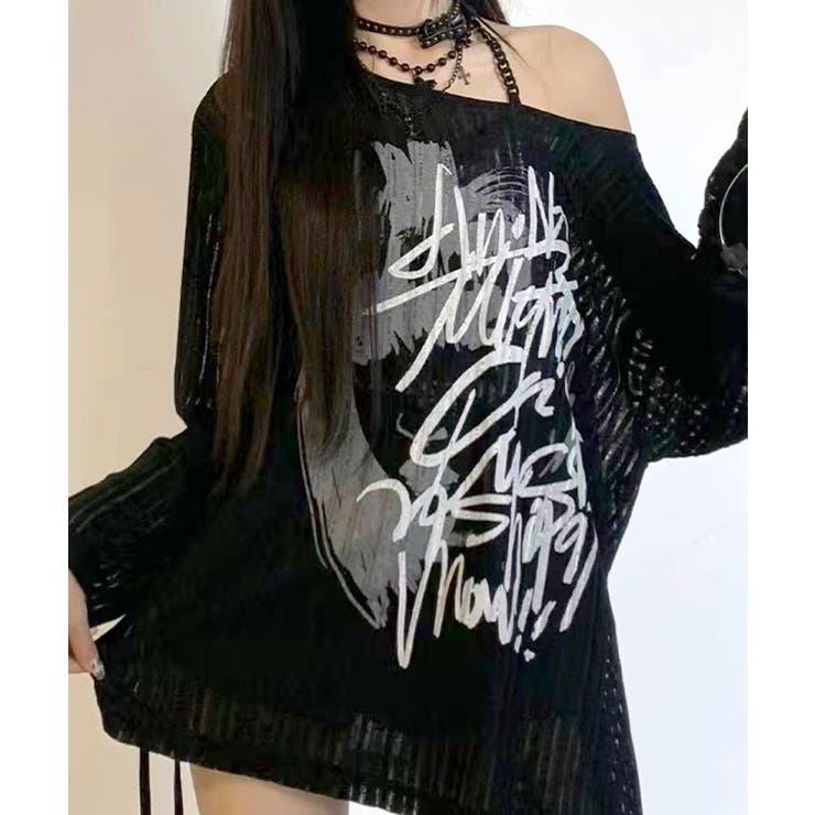 ブラック | 透かし編みロゴプリントTシャツ ロンT シアー | Riff