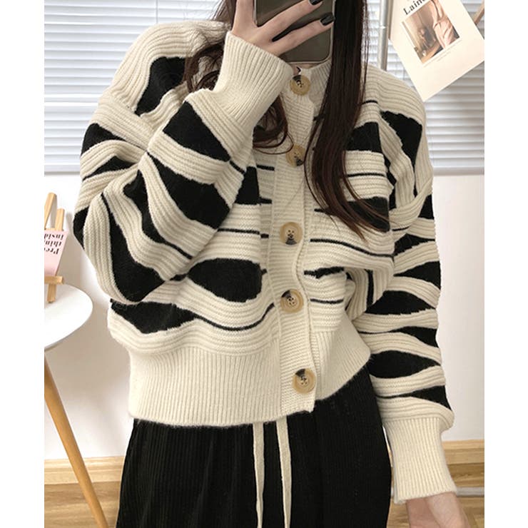 柄ニットカーディガン バイカラー 配色 | Riff | 詳細画像2 