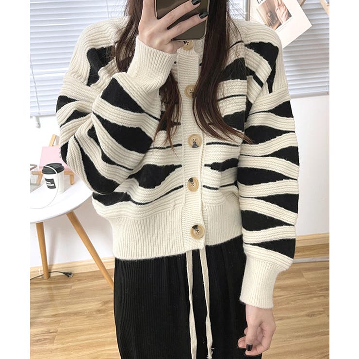 柄ニットカーディガン バイカラー 配色 | Riff | 詳細画像3 