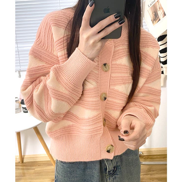 柄ニットカーディガン バイカラー 配色 | Riff | 詳細画像6 