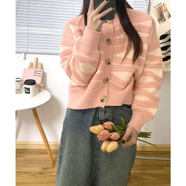 柄ニットカーディガン バイカラー 配色 | Riff | 詳細画像9 