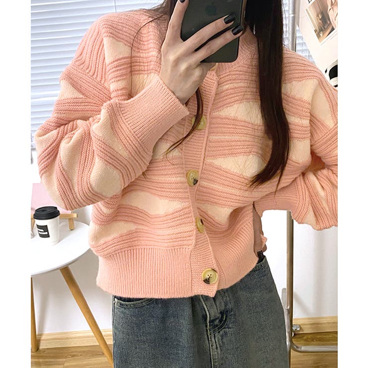 ピンク | 柄ニットカーディガン バイカラー 配色 | Riff