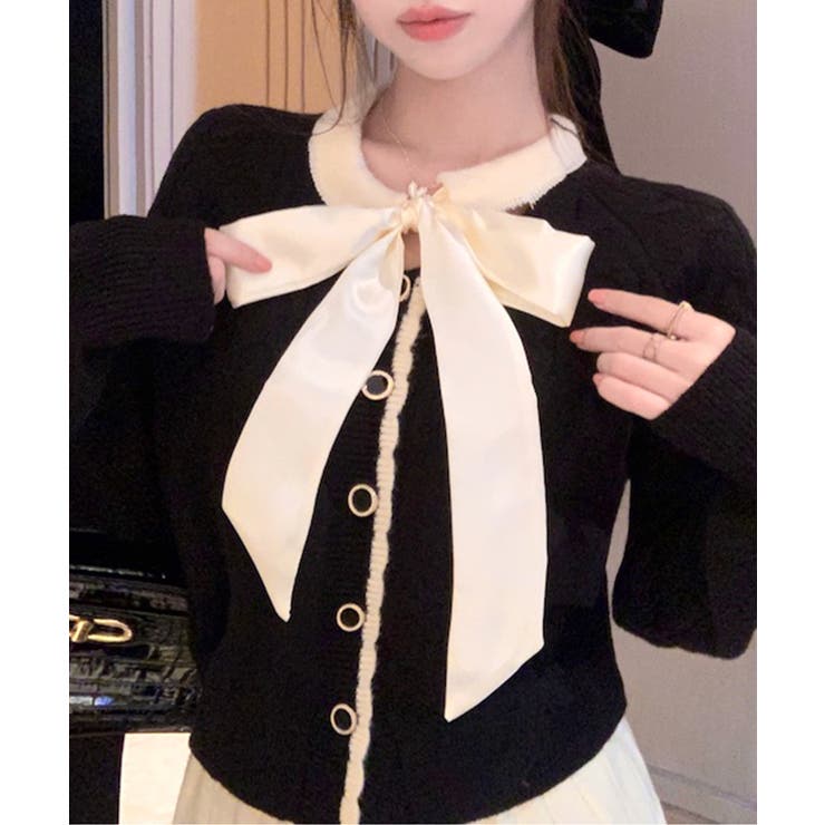 リボンニットカーディガン バイカラー 配色 | Riff | 詳細画像2 