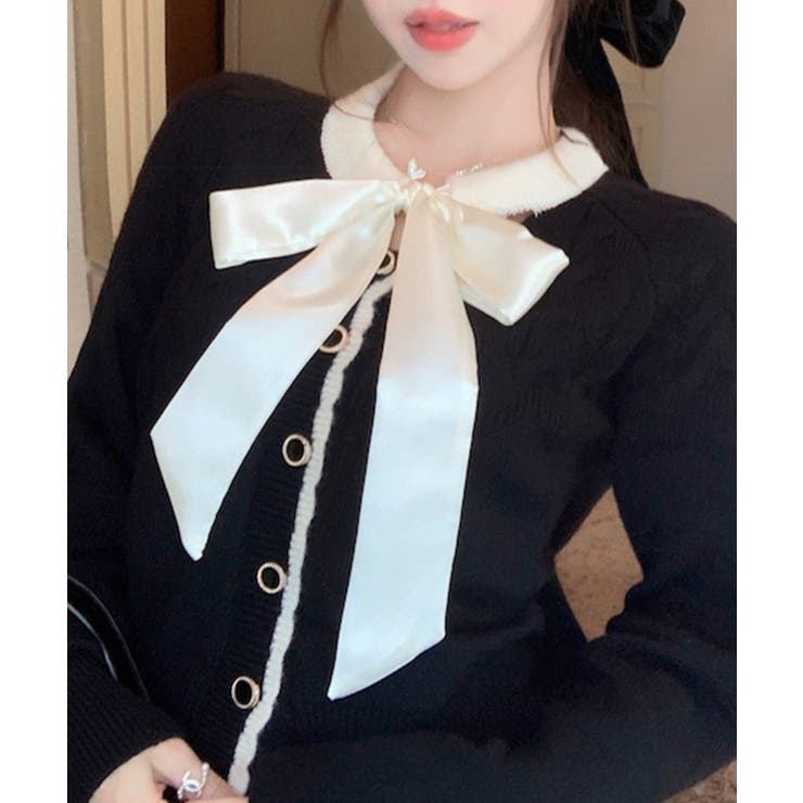 リボンニットカーディガン バイカラー 配色 | Riff | 詳細画像3 