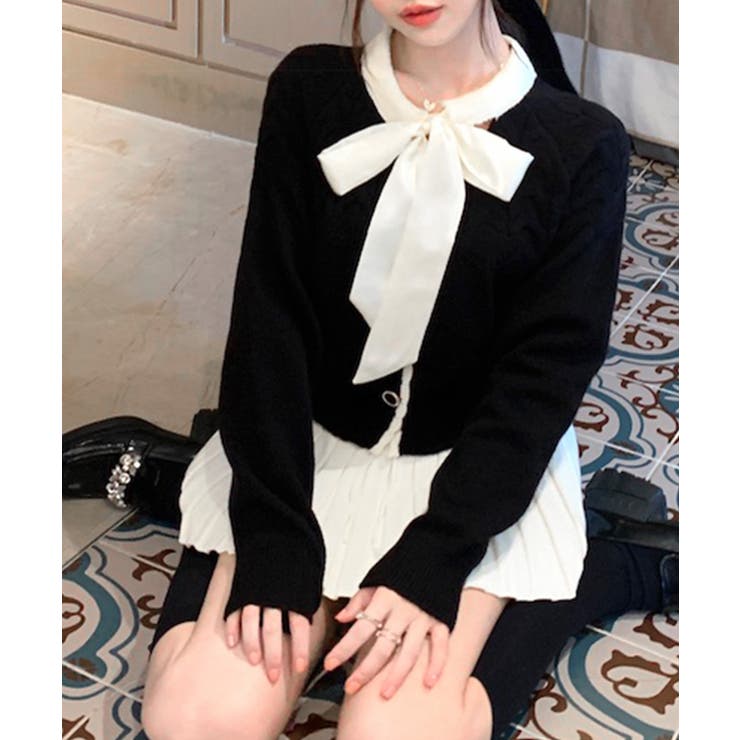 リボンニットカーディガン バイカラー 配色 | Riff | 詳細画像4 